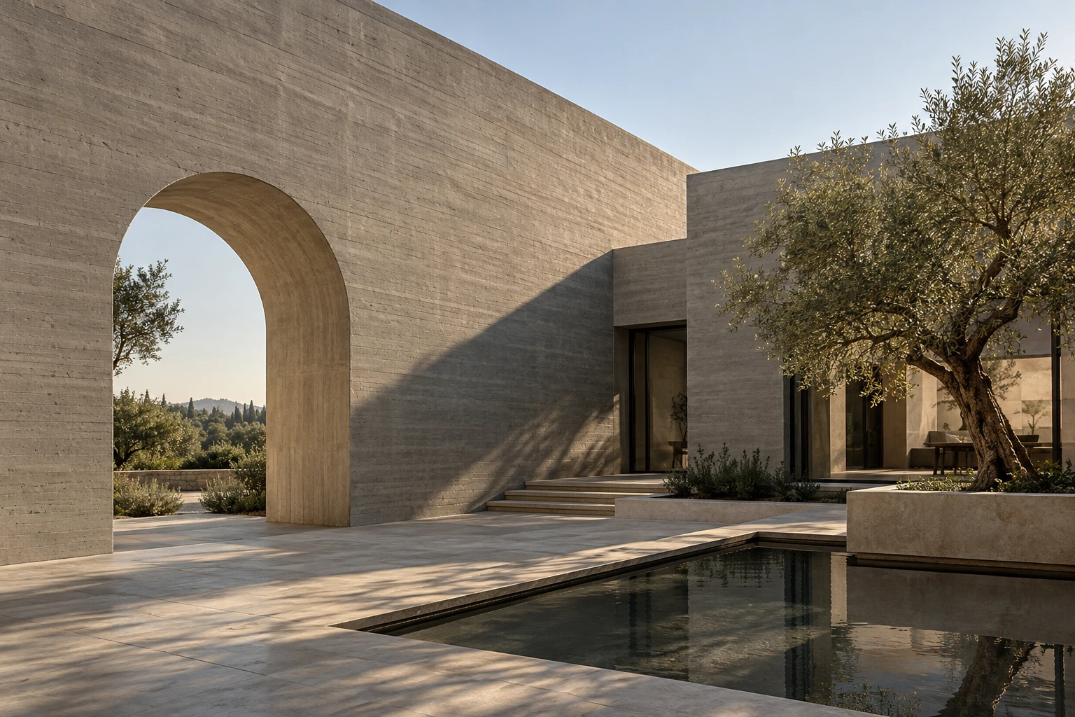 Sculptural stone courtyard with a tall rounded arch, olive tree and reflecting pool