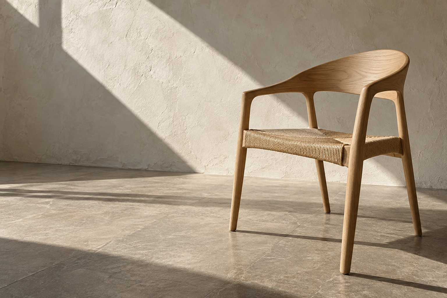 Sculptural oak chair with a woven seat in a sunlit plaster-walled studio