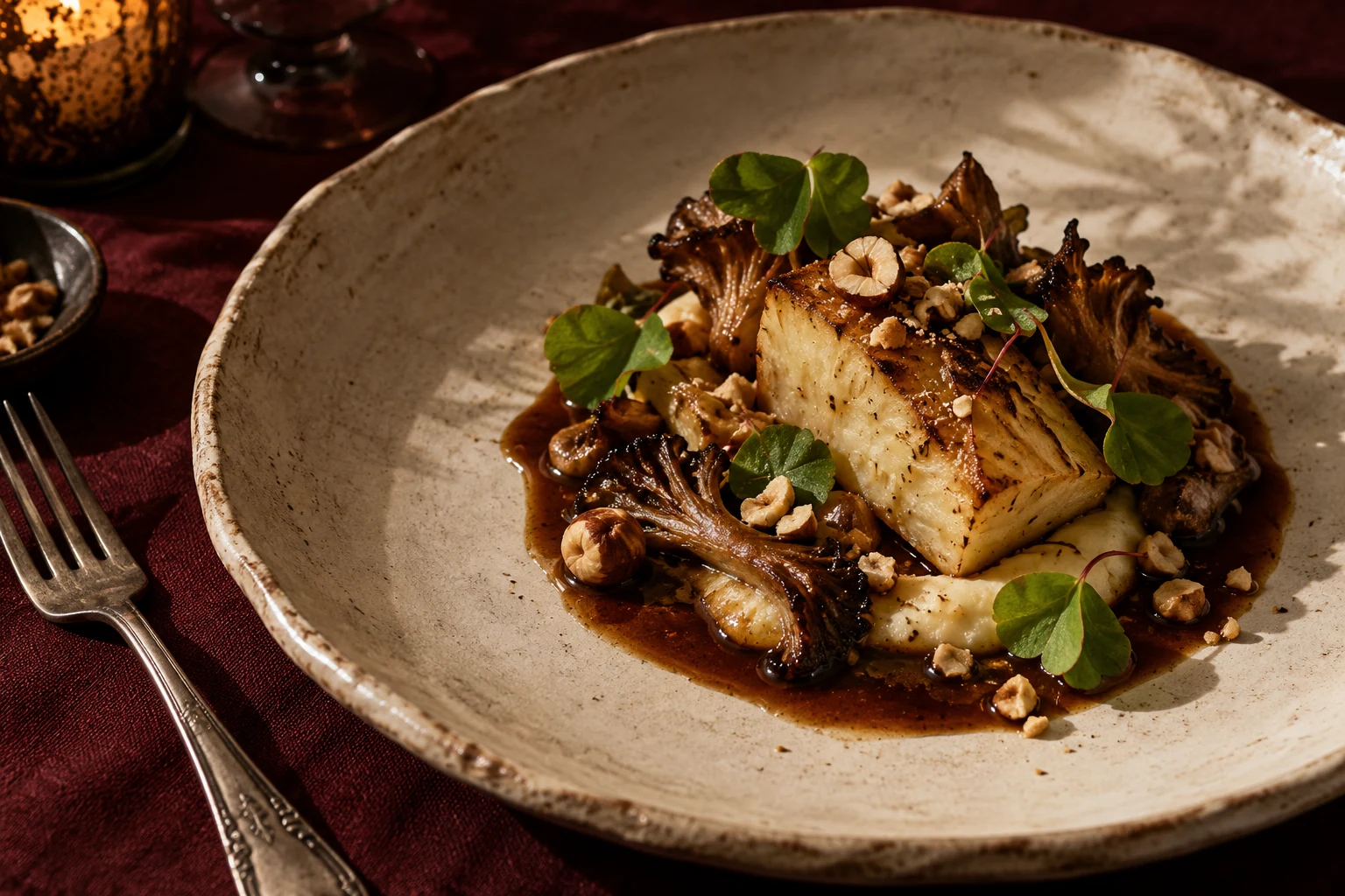 Roasted celeriac with mushroom jus, hazelnut and wood sorrel on handmade ceramic