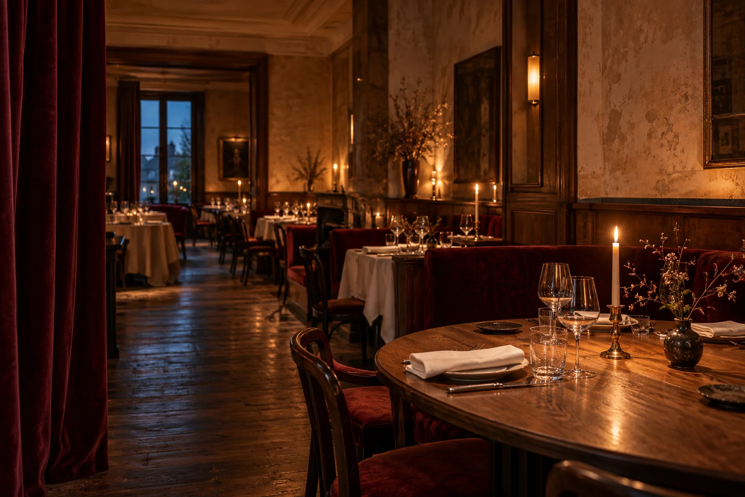 An intimate candlelit restaurant with oak tables and oxblood banquettes