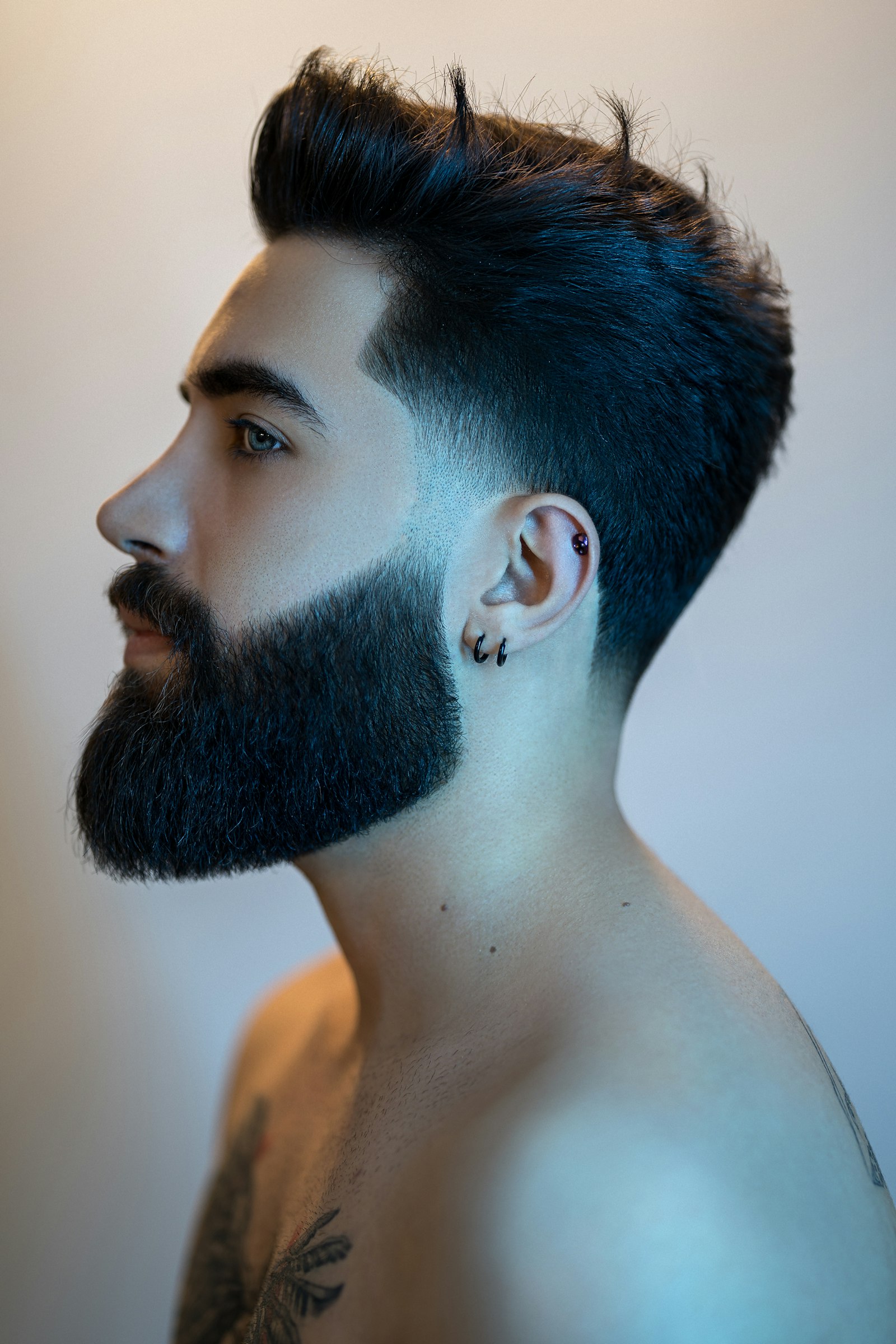Profile of a full sculpted beard